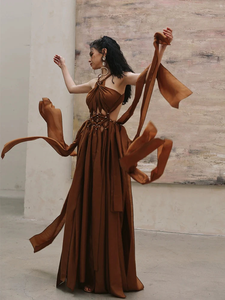DOLLY Elegant Brown Halter Neck Loose High Waist Pleated Resort Dress-VEe