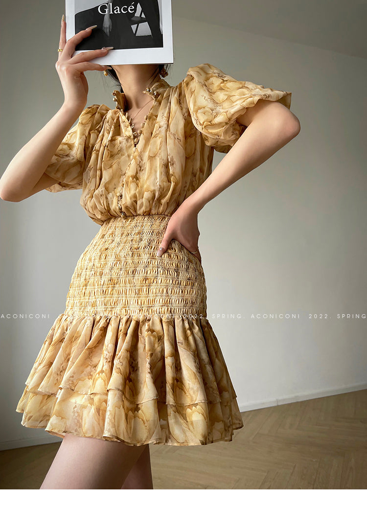 Aconiconi V-Neck Short Sleeve Dress- Pineapple Tower