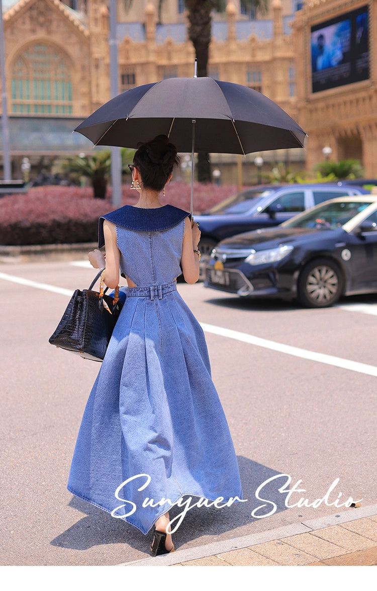 Elegant denim large lapel collar, cut-out waist summer slit long jean denim dress
