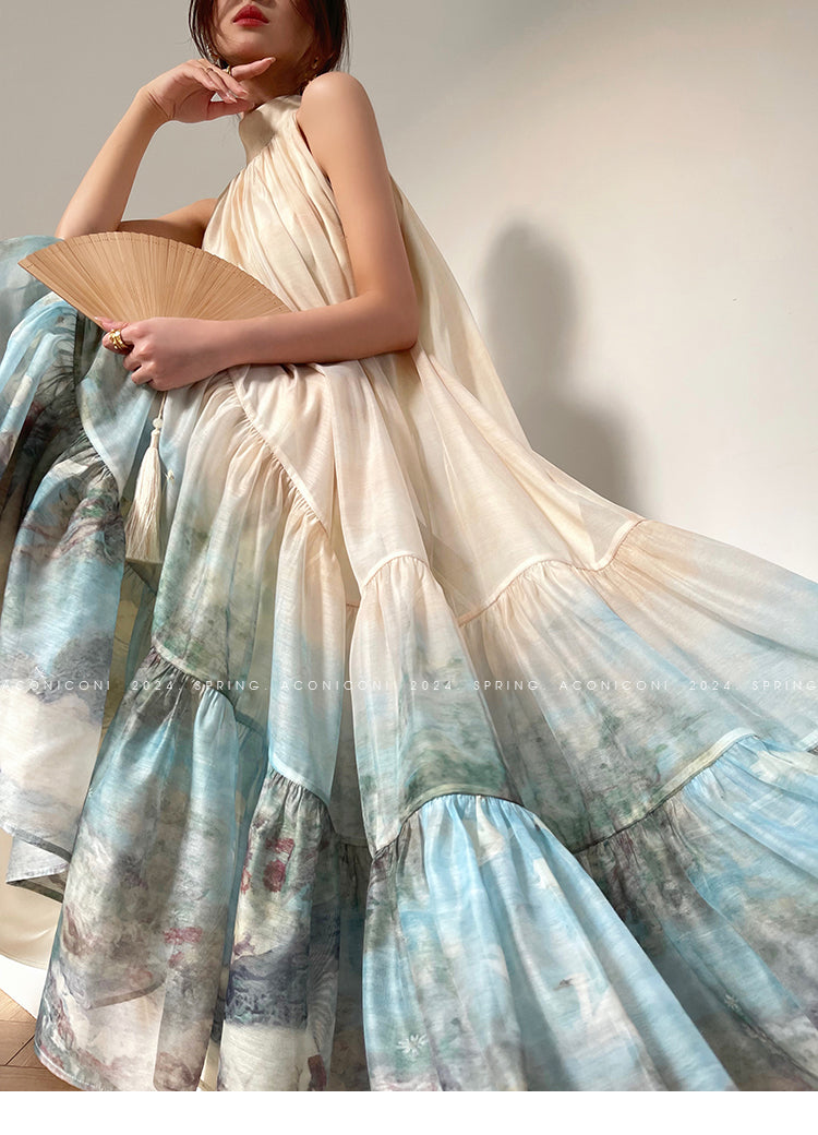 Aconiconi| Louvre Picture Reflection printed halter neck maxi skirt vacation dress - Miinia