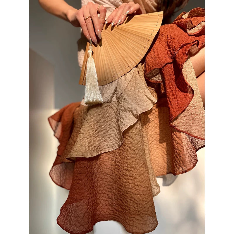 Aconiconi Luxury Sleeveless cowl neck ombre pleated hem Dress- Long Island Iced Tea