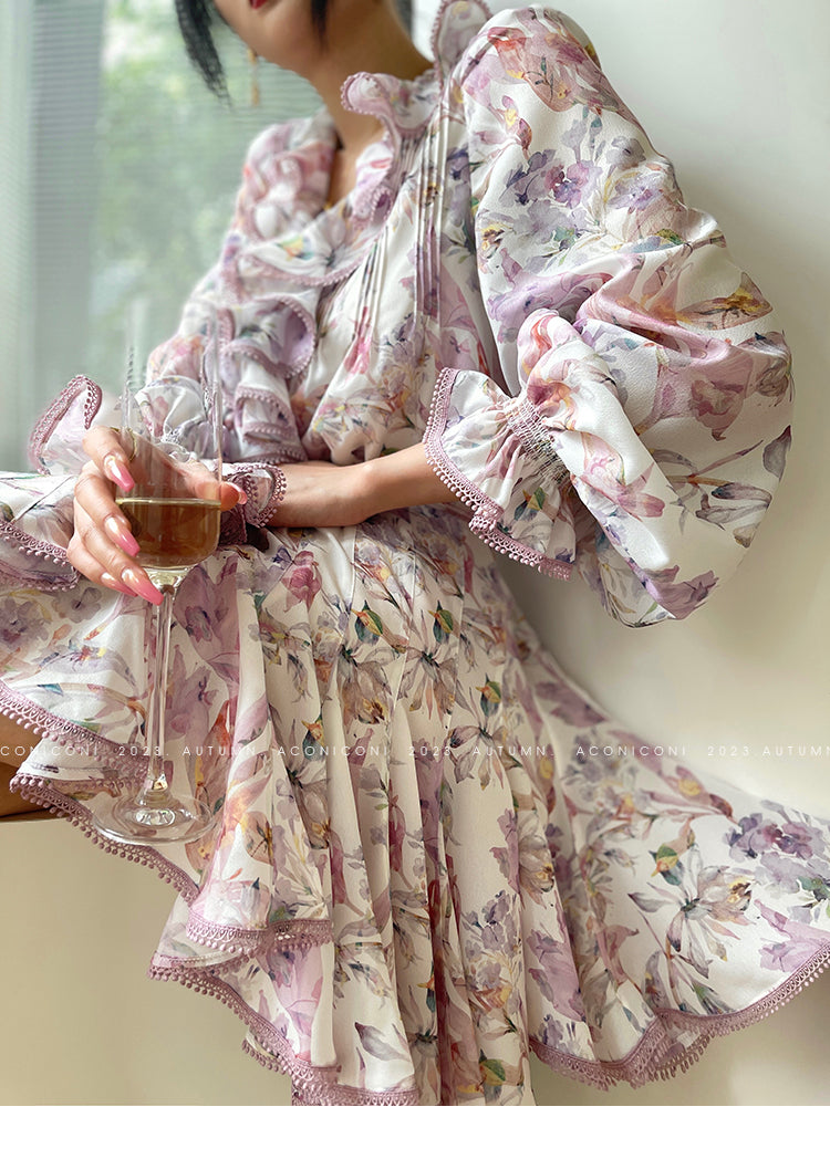 Aconiconi| High end designer printed top shirt + A-line skirt suit - Hyacinth