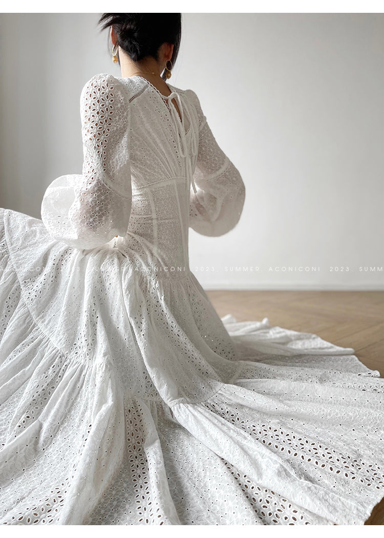 Aconiconi| French coffee break lace cotton white dress - Smoke