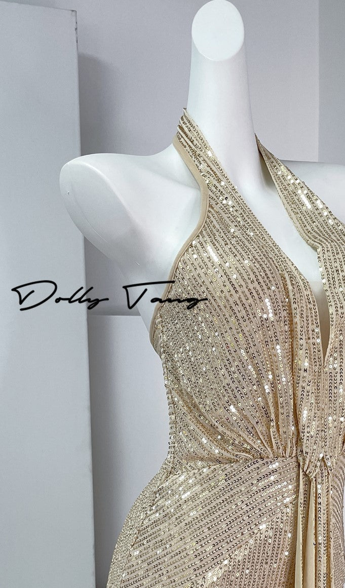 DOLLY Elegant Gold Sleeveless Halter Neck Long Fish Tail Banquet Dress- Carly