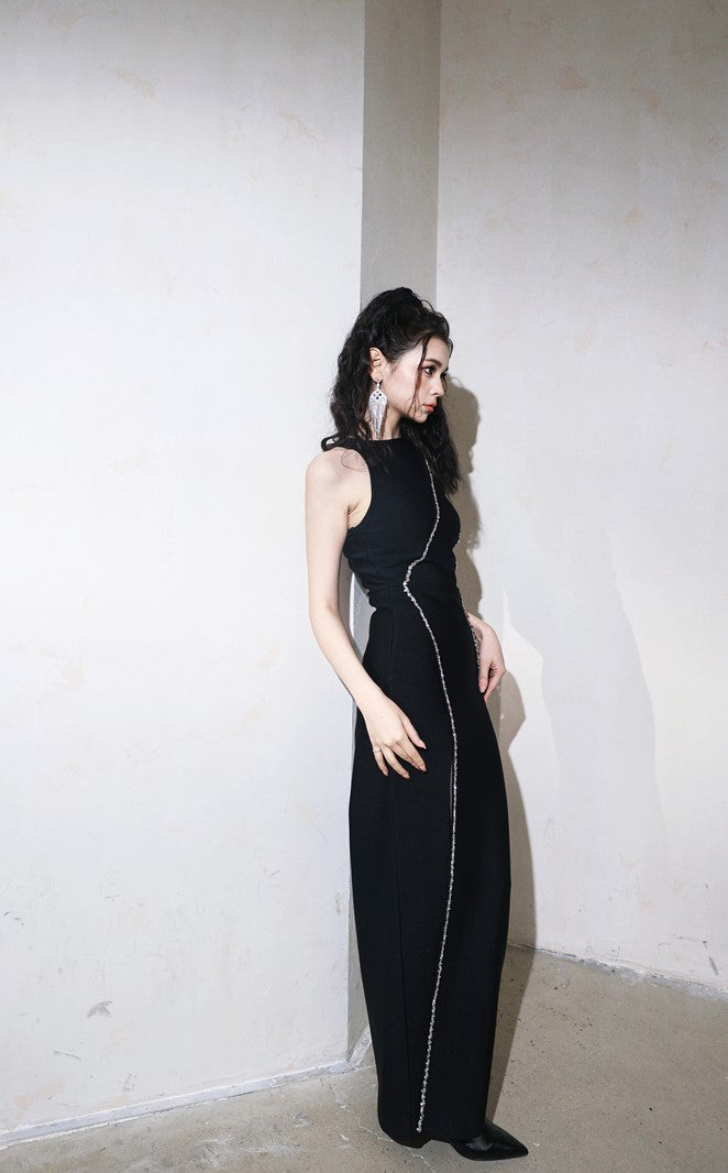 DOLLY Elegant Black Rhinestone Sleeveless Slim Fit Long Slit Dinner Dress-ALORA (V)