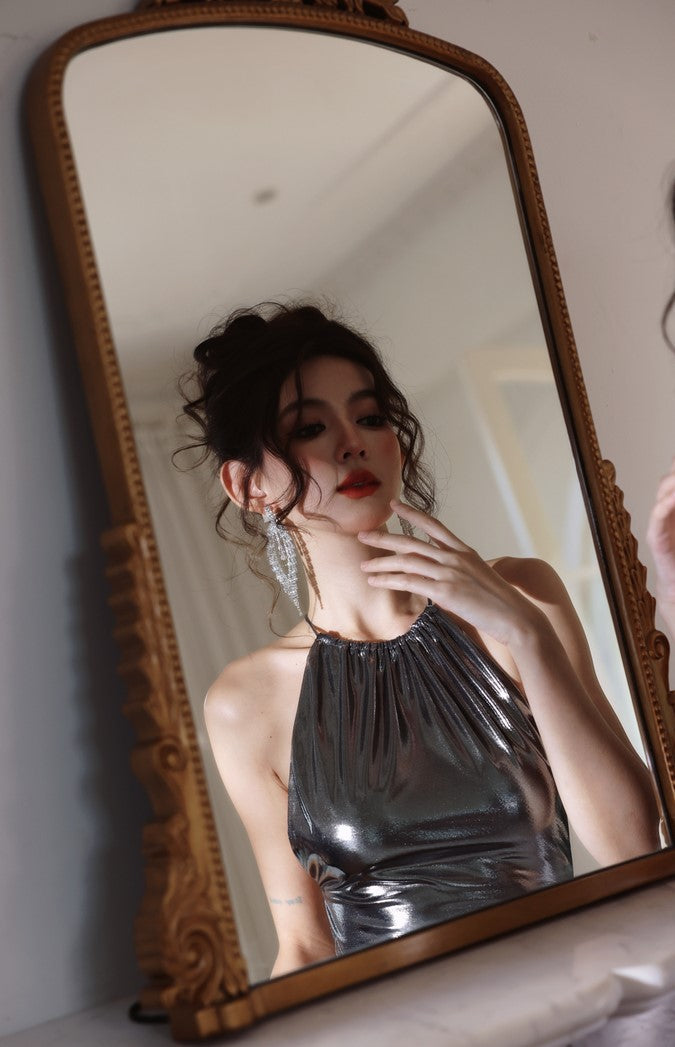 DOLLY Elegant Liquid Sliver Chinese Style Halter Neck Body Hug Long Cocktail Dress-MARBLE (V)
