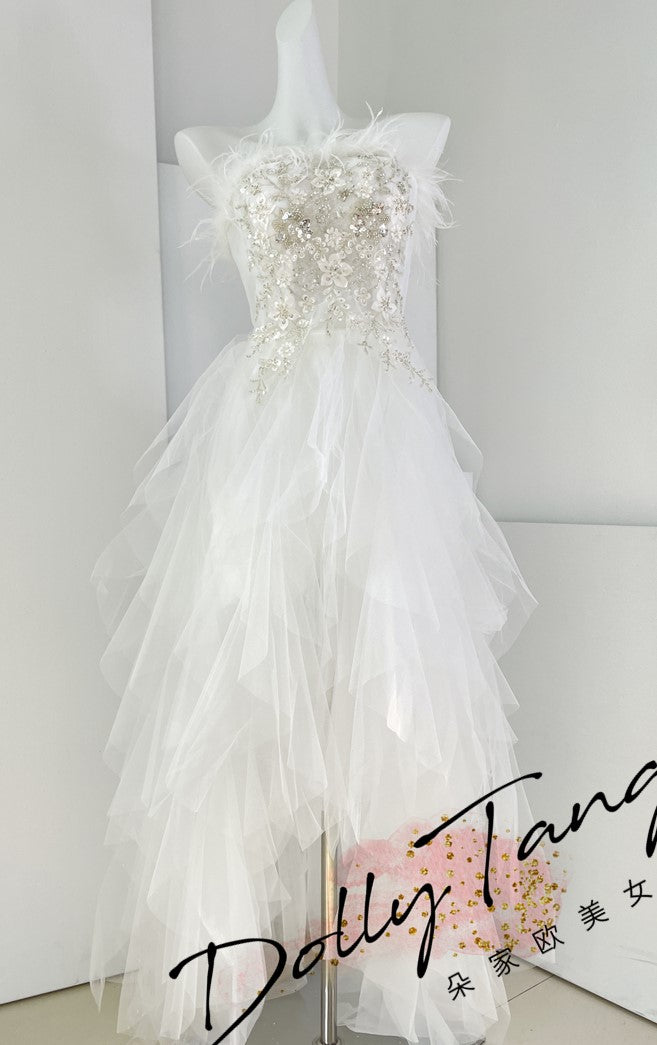 DOLLY Elegant White French Style Feather Chest Wrap Wedding Dress-MARIA (V)