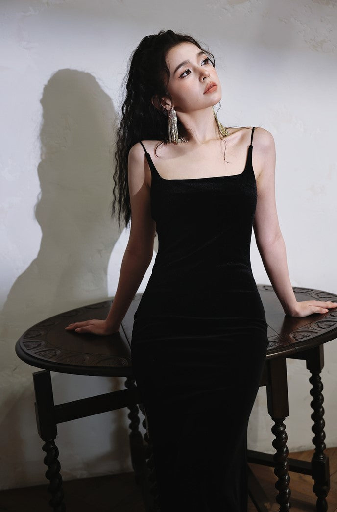 DOLLY Elegant Black Retro Sleeveless Velvet Midi Green Feather Date Dress-ZANIE (V)