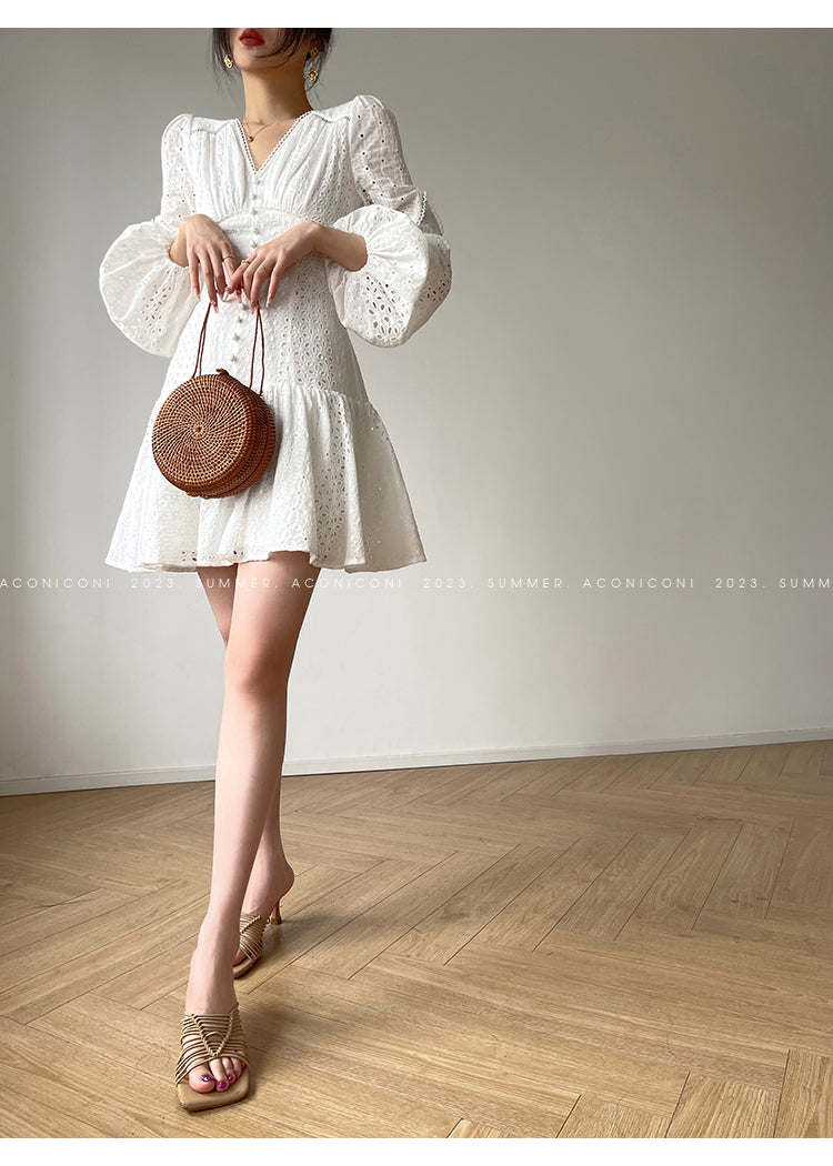 Aconiconi| French coffee break lace cotton white dress - Smoke