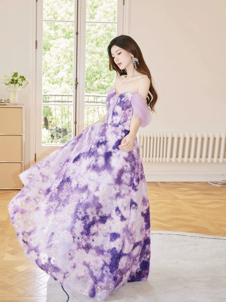 DOLLY Elegant Purple Off Shoulder Short Sleeve Print Long Loose Dress-ABUELA