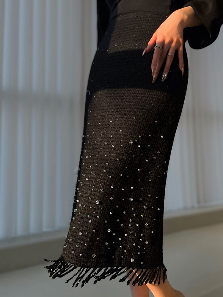 Aconiconi Elegant Black Retro High Waist Diamond Tassel Chic Skirt- Shallow Light