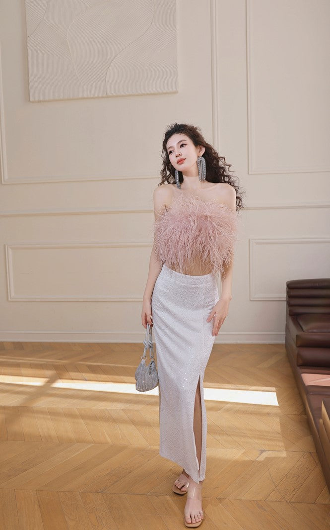 DOLLY Elegant Pink Fluffy Ostrich Feather Chic Tube Top-EMMA