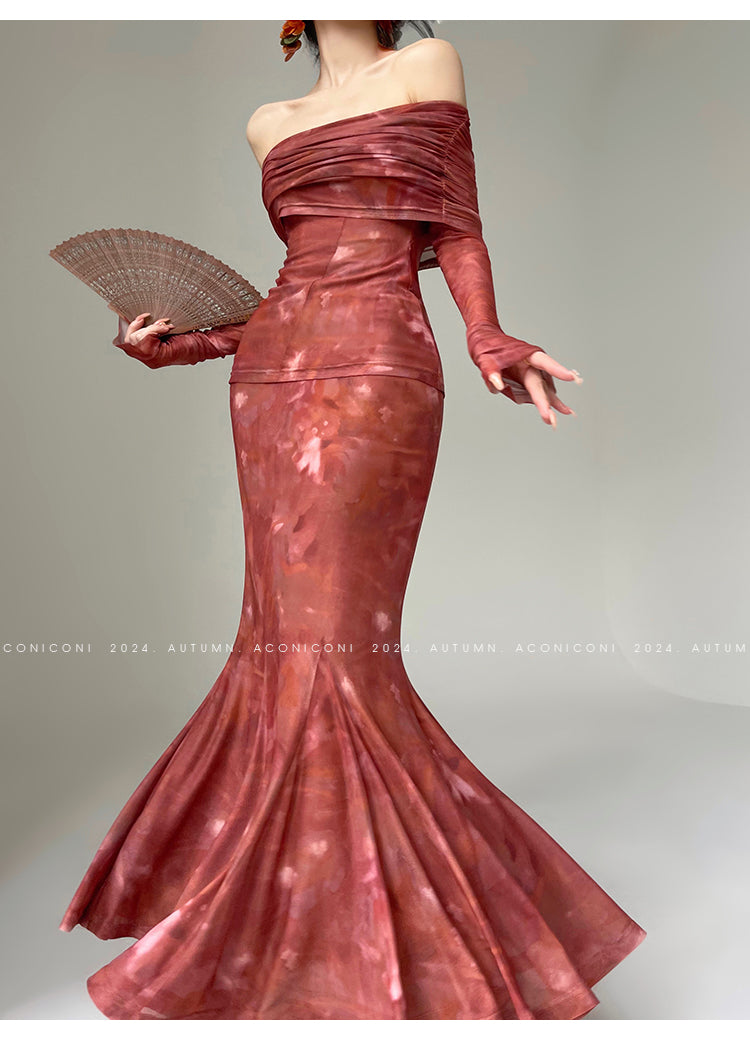 Aconiconi Luxury maxi fish Skirt Off shoulder top - Amber Sweet Tea