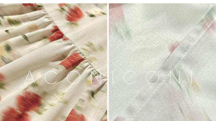 Aconiconi Luxury Yellow V-Neck Print Long Sleeve Loose Resort Dress- Huaye Mucheng