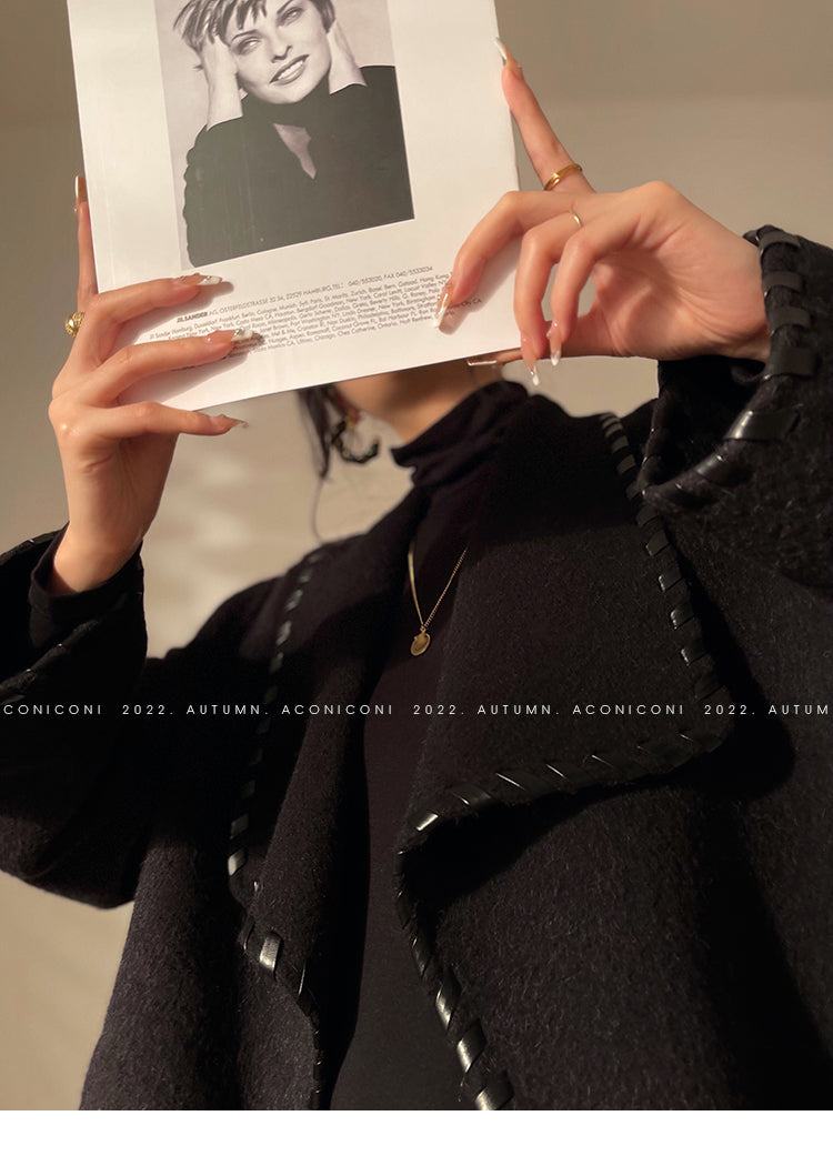 Aconiconi| Full wool coat classic double-sided wool woven belt coat -Nocturne