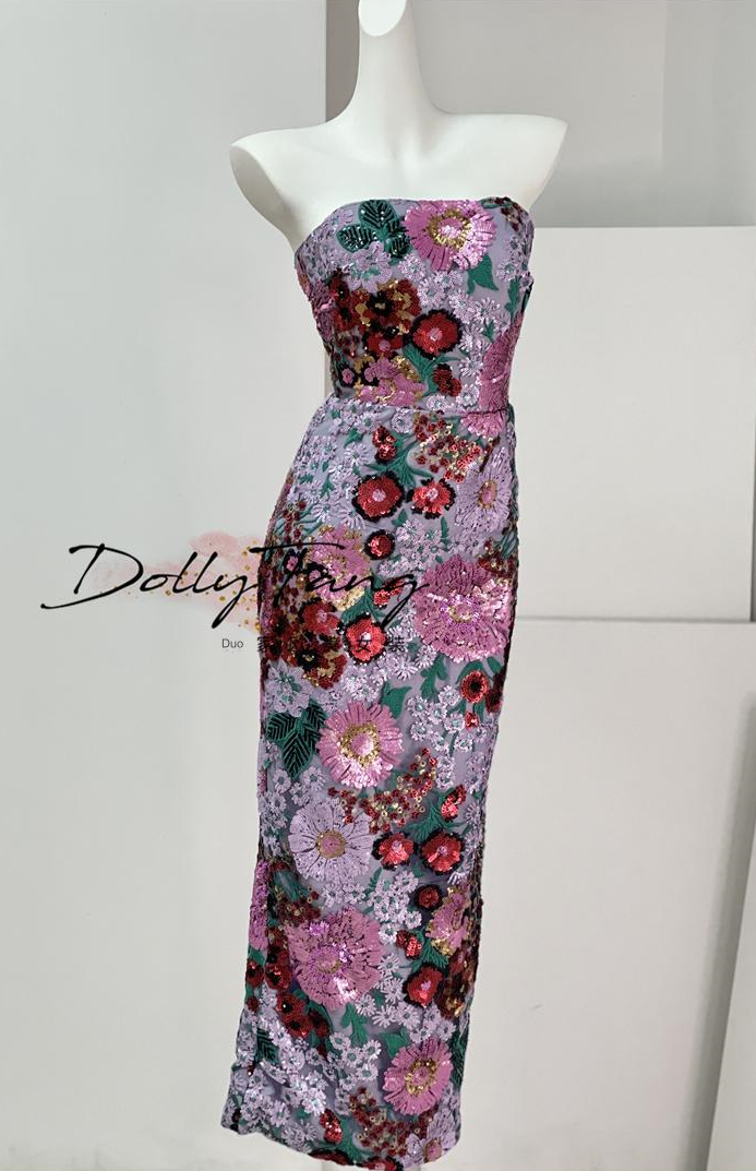 DOLLY Luxury Retro Purple Floral Embroidered Tube Top Long Sequin Party Dress-JOY