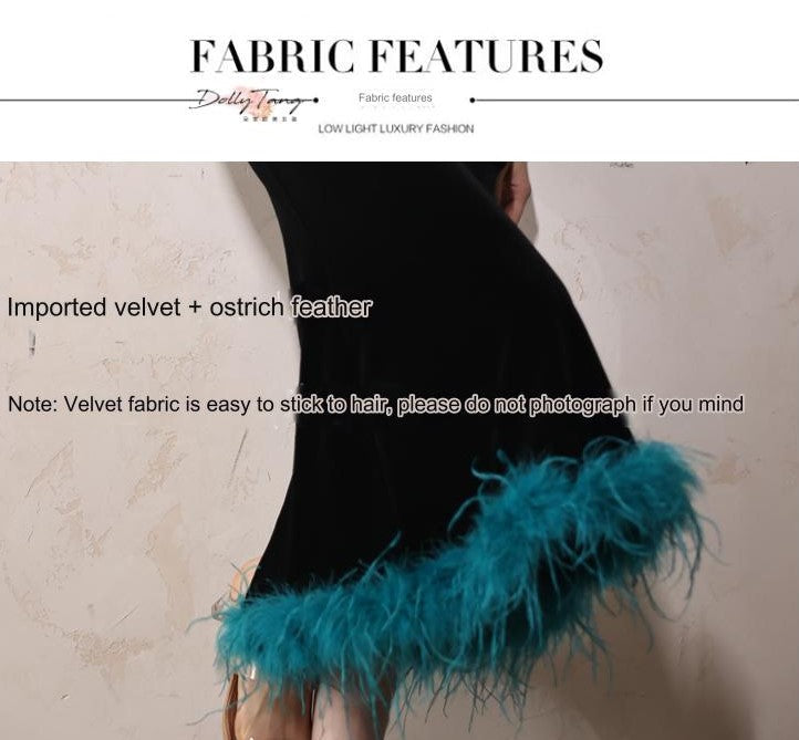 DOLLY Elegant Black Retro Sleeveless Velvet Midi Green Feather Date Dress-ZANIE (V)