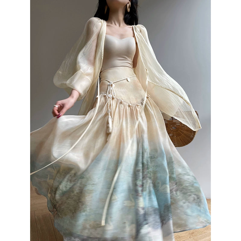 Aconiconi| Louvre Picture Reflection printed halter neck maxi skirt vacation dress - Miinia