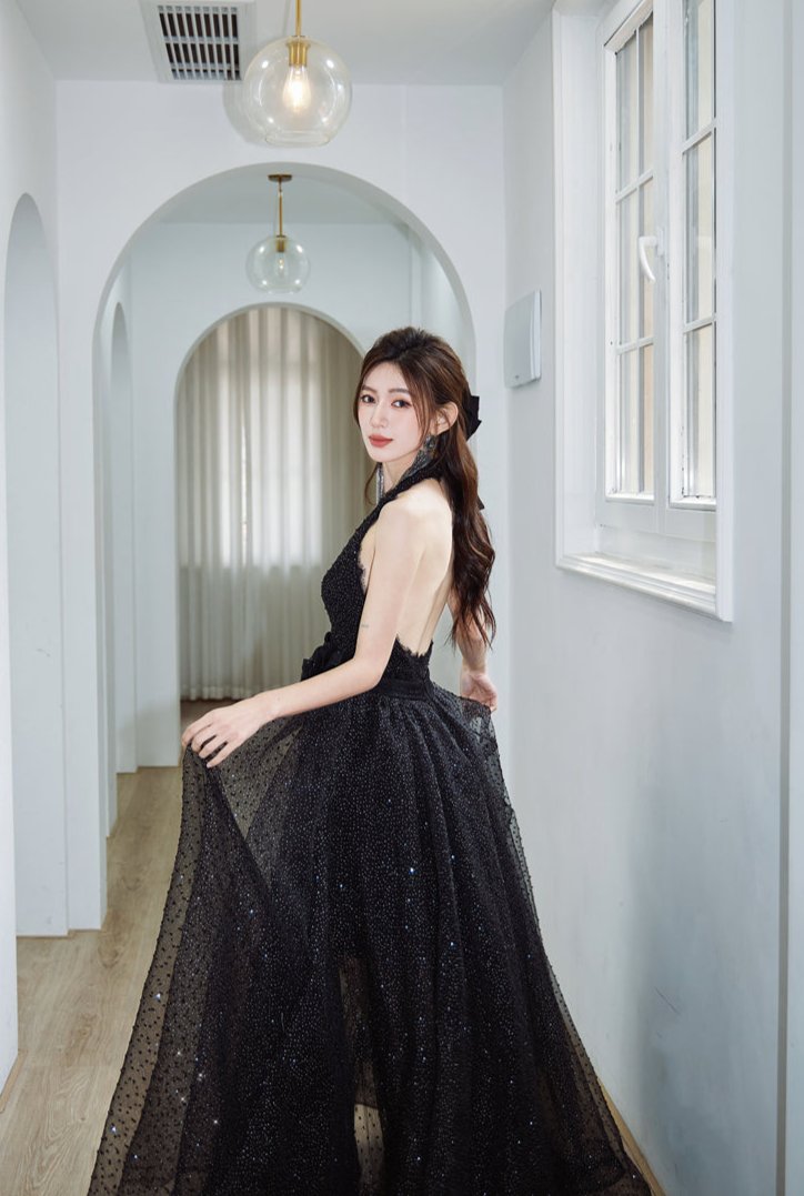 DOLLY Elegant Black French Style Polka Dot V-Neck Sleeveless Long Banquet Dress-IIENA
