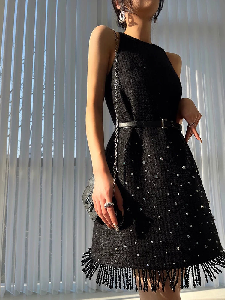 Aconiconi Elegant Black Retro High Waist Diamond Tassel Chic Skirt- Shallow Light