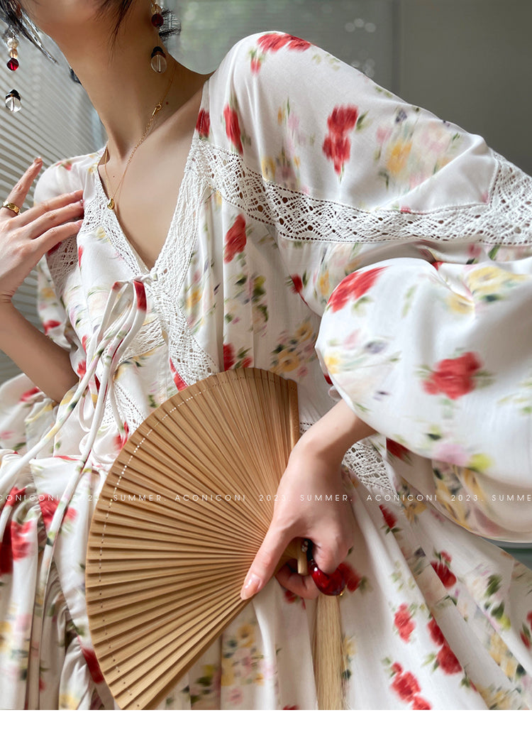 Aconiconi Luxury Yellow V-Neck Print Long Sleeve Loose Resort Dress- Huaye Mucheng