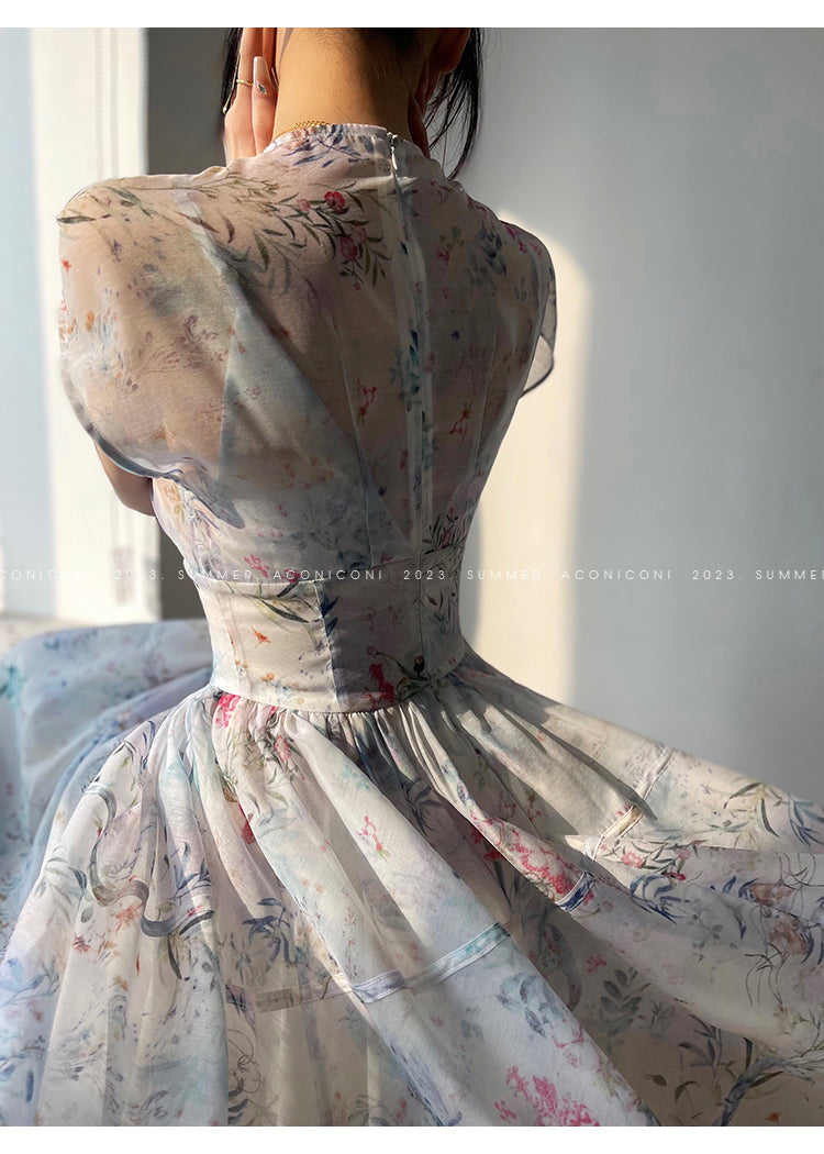 Aconiconi|high-end V-neck exquisite printed tea summer dress- Yufu fairy