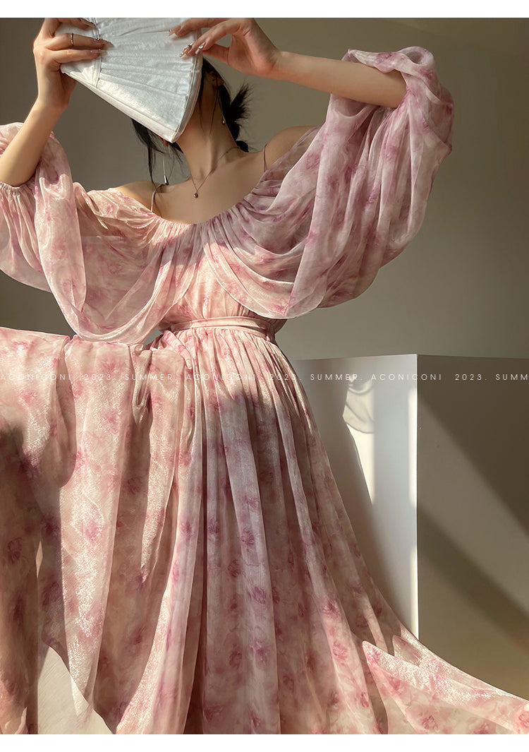 Aconiconi| Slip Off-the-Shoulder Top Skirt - Flower fairy