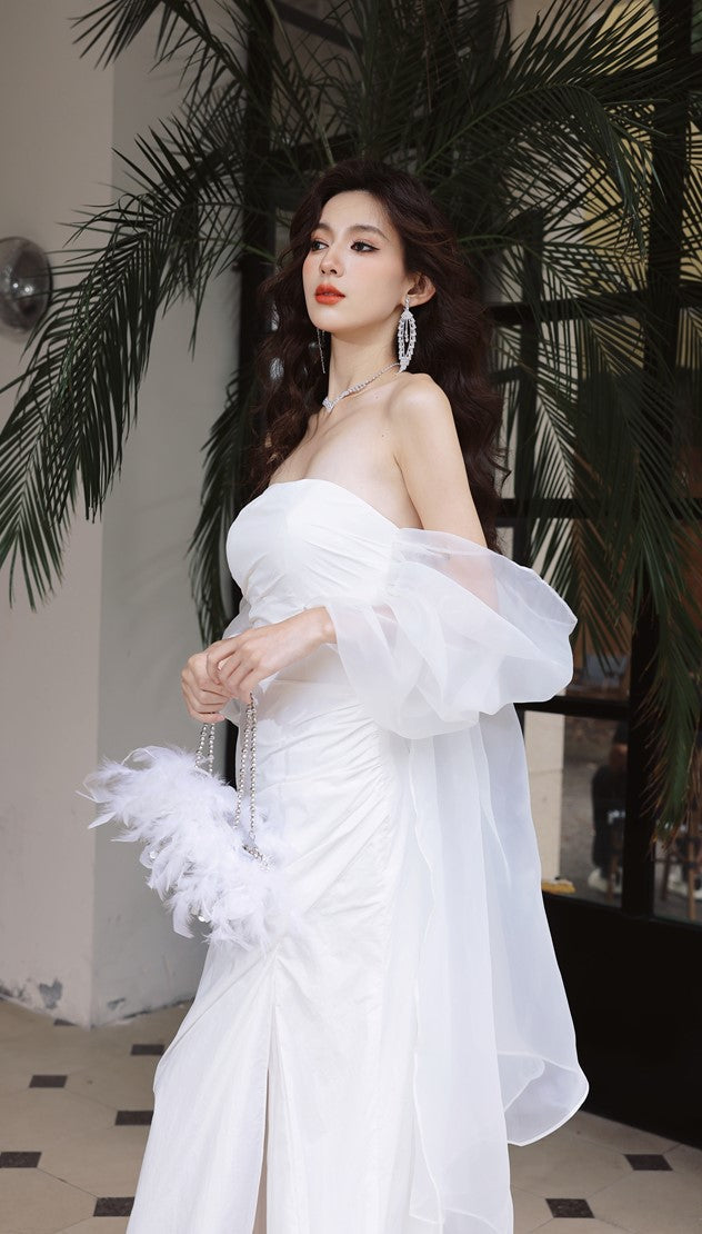 DOLLY Elegant White Off Shoulder Short Puff Sleeve High Waist Wedding Dress-NIKKA