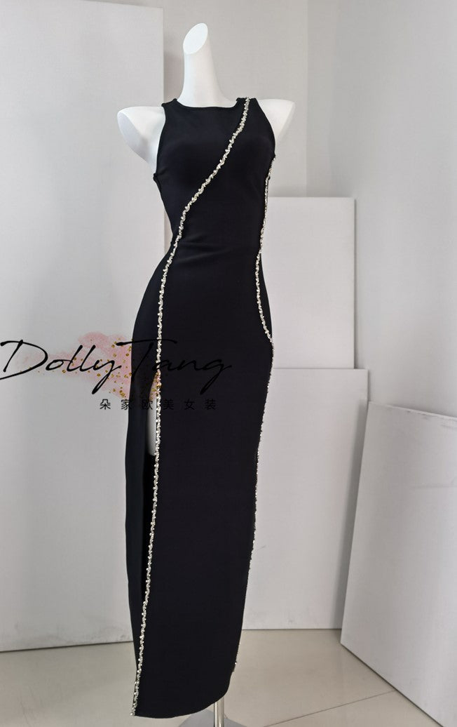 DOLLY Elegant Black Rhinestone Sleeveless Slim Fit Long Slit Dinner Dress-ALORA (V)