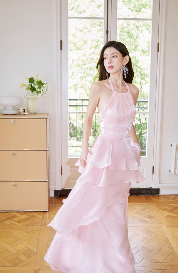 DOLLY Elegant Pink Ruffle Backless Sleeveless Long Halter Neck Banquet Dress-SHANTEL