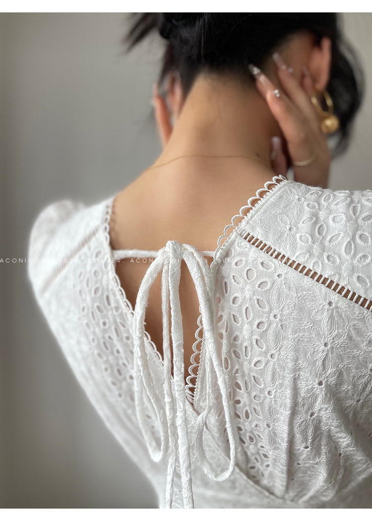 Aconiconi| French coffee break lace cotton white dress - Smoke