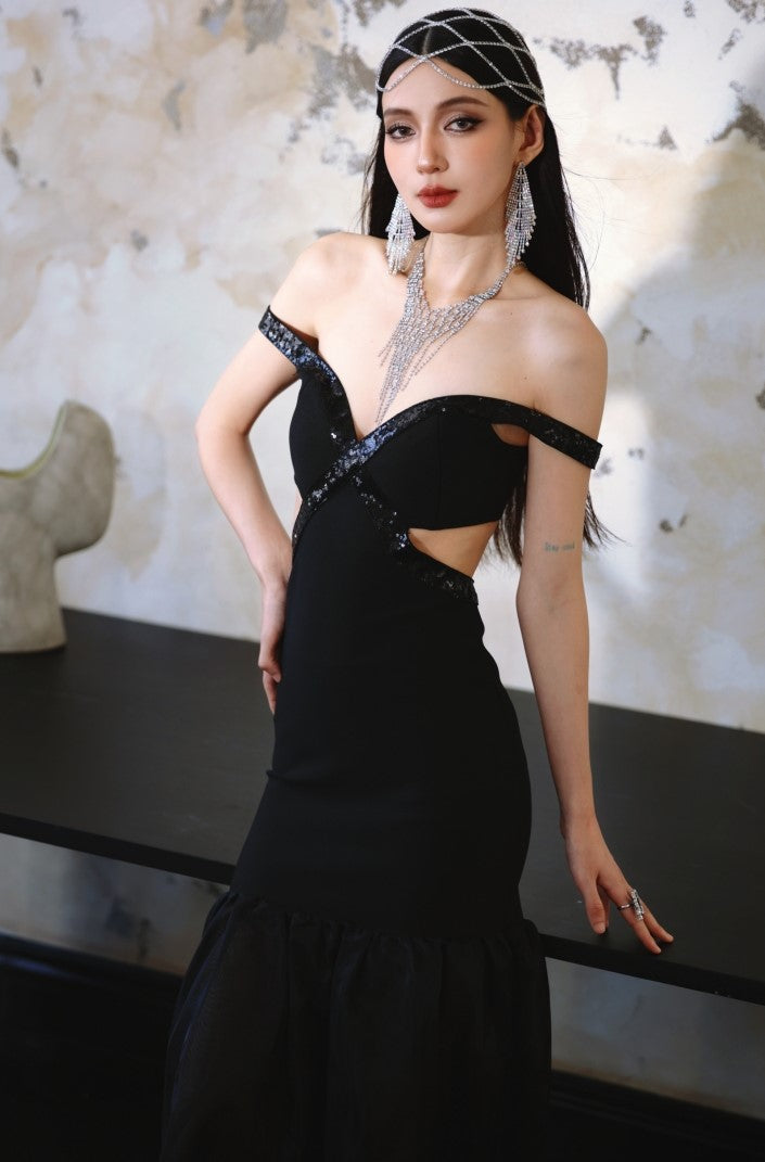 DOLLY High End Black Off Shoulder Sequin Tube Top Long Banquet Dress-Maris