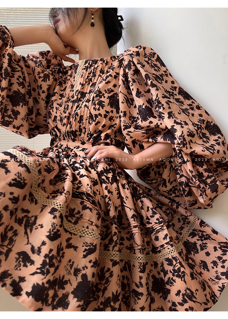 Aconiconi| French print high-end balloon sleeve top dress - Lin Yingyu