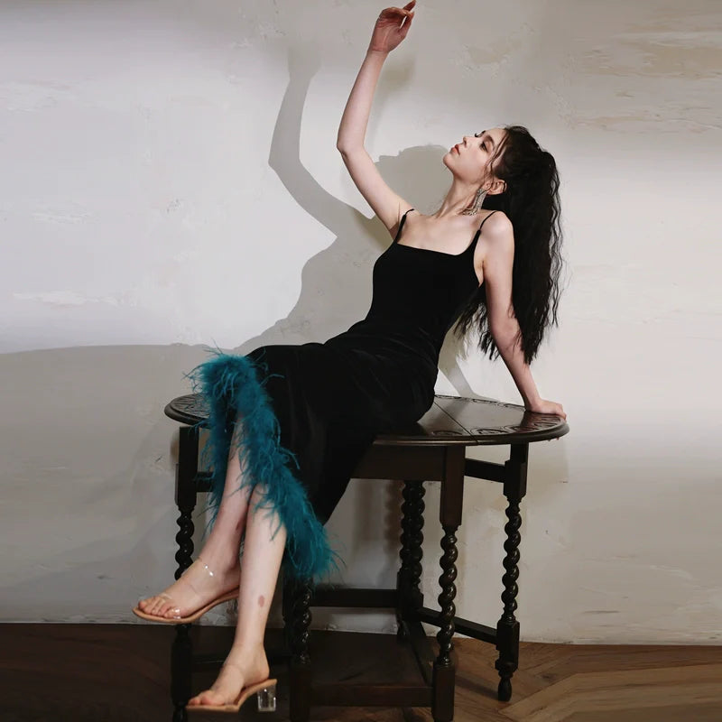 DOLLY Elegant Black Retro Sleeveless Velvet Midi Green Feather Date Dress-ZANIE (V)