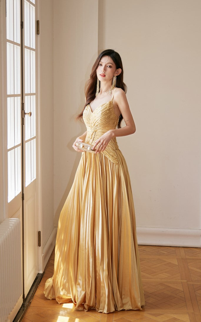 DOLLY Elegant Gold Sleeveless Beaded Pleated Large Swing Dress-GRACIA (V)