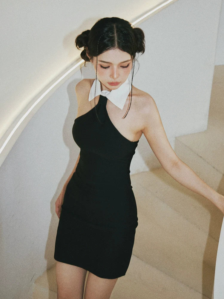 DOLLY Elegant White Lapel Sleeveless Backless Slim Fit Short Black Halter Neck Dress-VENETIA (V) TIA