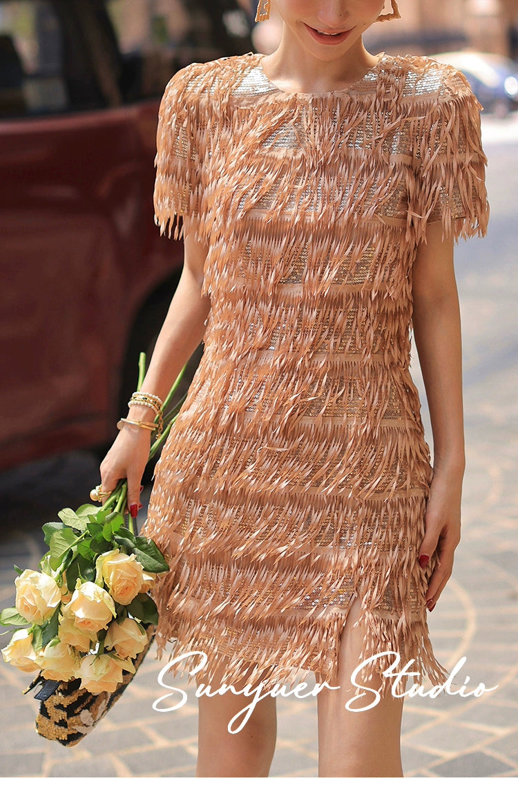 Quality Haute couture hand-cut tassel beaded pieces embroidered cocktail dress