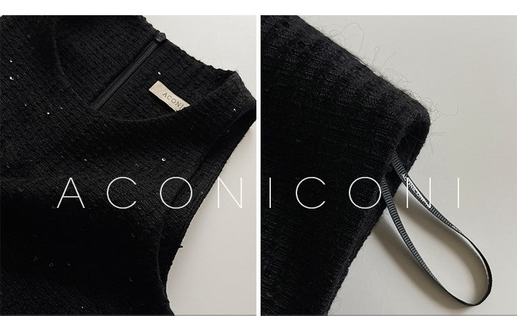 Aconiconi Elegant Black Retro High Waist Diamond Tassel Chic Skirt- Shallow Light