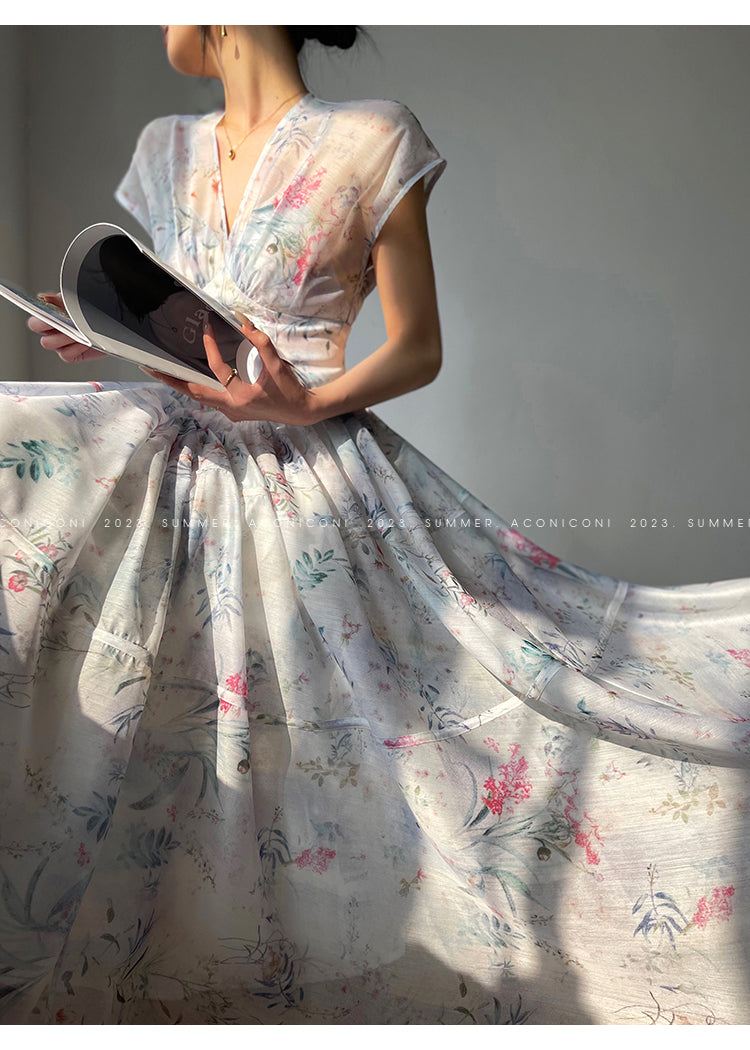 Aconiconi|high-end V-neck exquisite printed tea summer dress- Yufu fairy