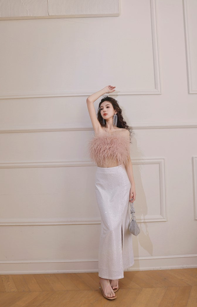 DOLLY Elegant Pink Fluffy Ostrich Feather Chic Tube Top-EMMA