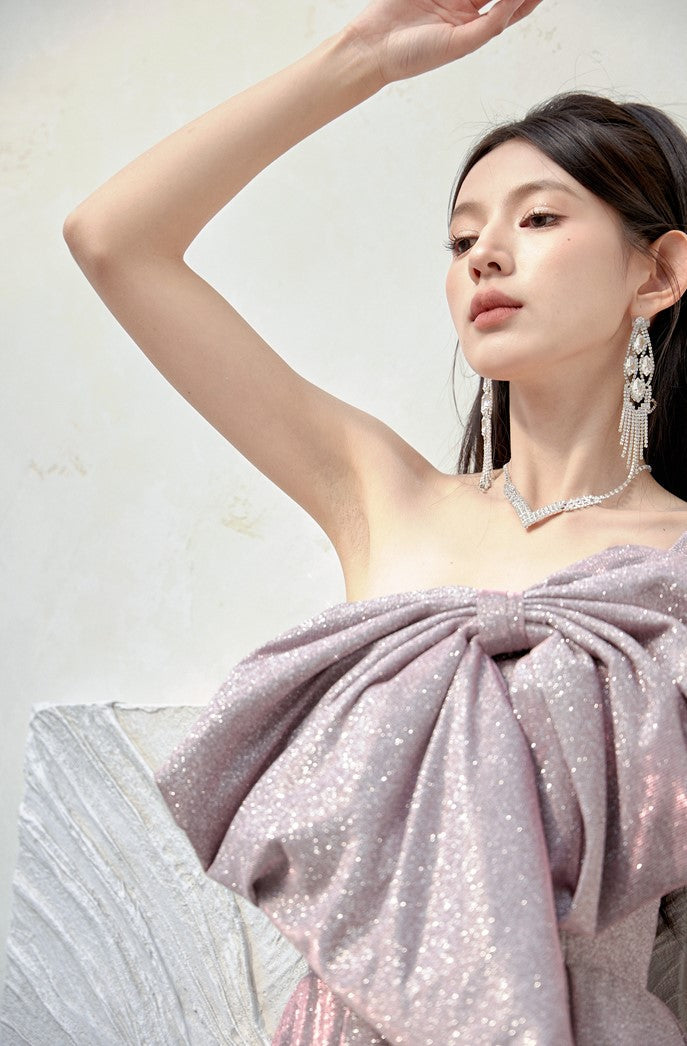 DOLLY Elegant Purple Off Shoulder Bow Sequin Long High Waist Cocktail Dress-TESSA (V)