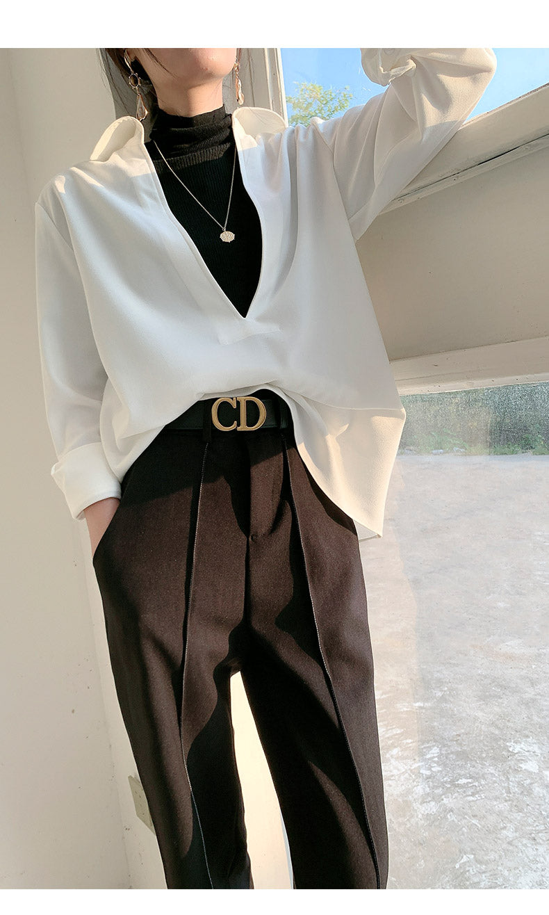 White V-neck v neck shirt long-sleeved shirt -Mmia