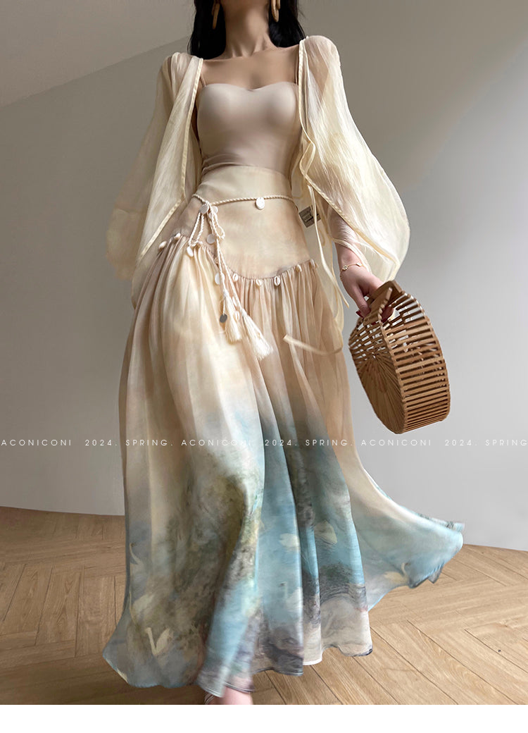 Aconiconi| Louvre Picture Reflection printed halter neck maxi skirt vacation dress - Miinia