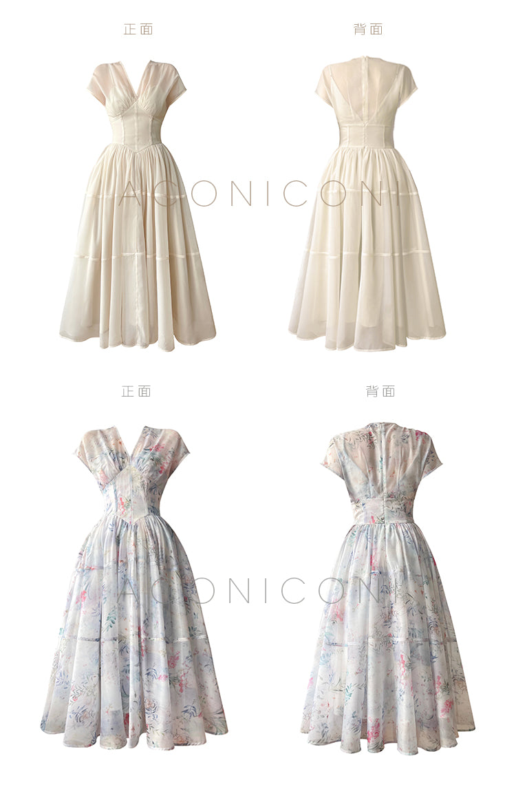 Aconiconi|high-end V-neck exquisite printed tea summer dress- Yufu fairy