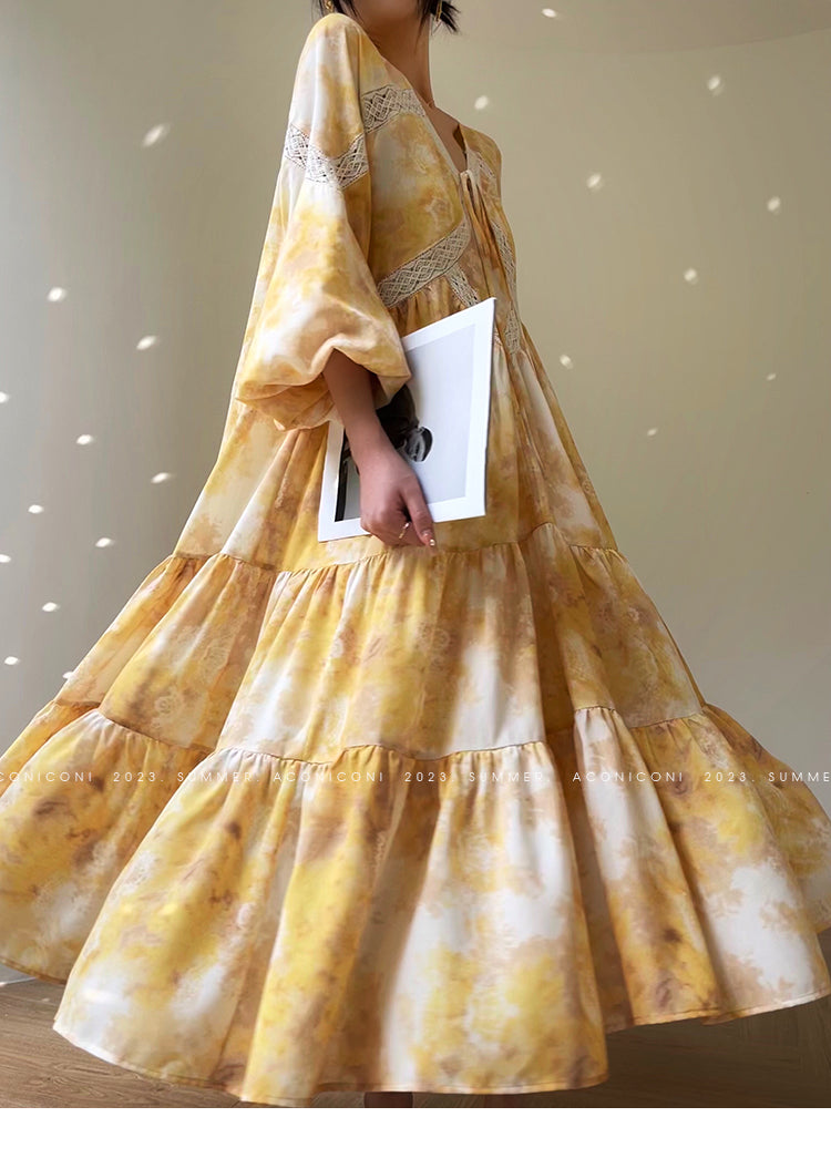 Aconiconi Luxury Yellow V-Neck Print Long Sleeve Loose Resort Dress- Huaye Mucheng