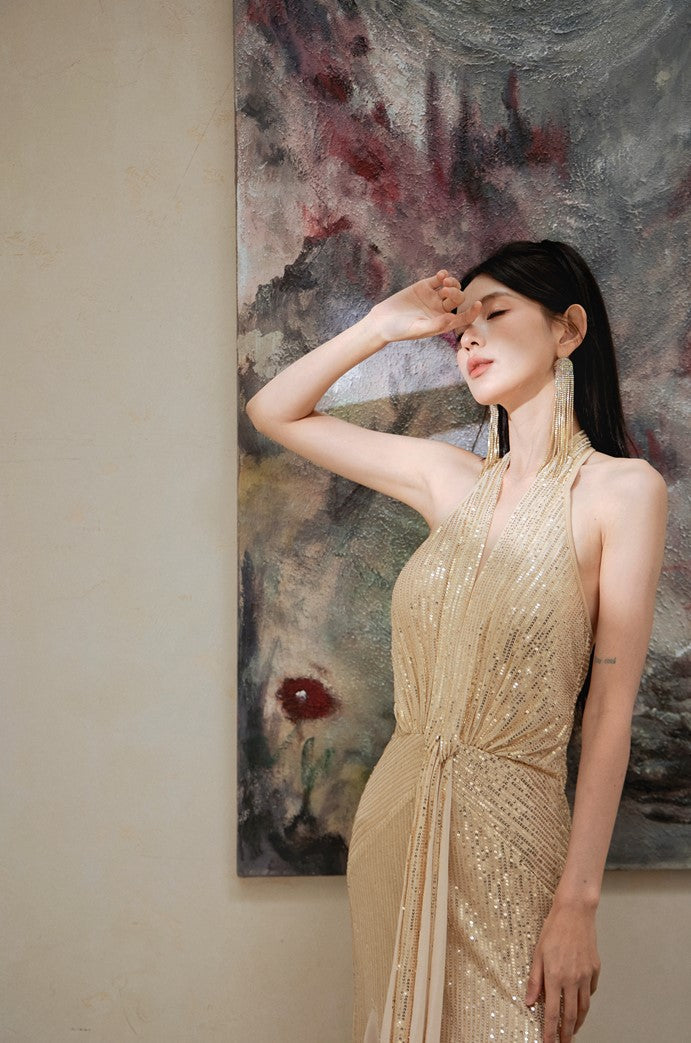 DOLLY Elegant Gold Sleeveless Halter Neck Long Fish Tail Banquet Dress- Carly