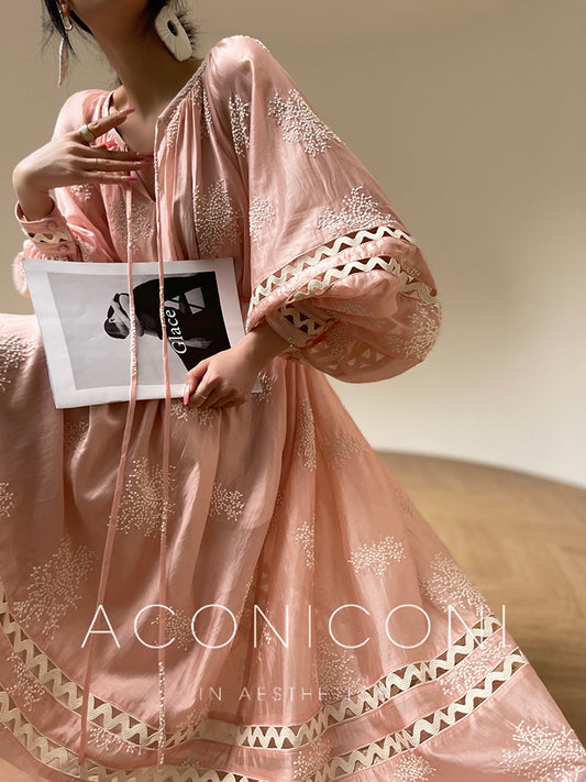 Aconiconi Light French Loose Slouchy Lace Balloon Sleeve Dress - Sunset