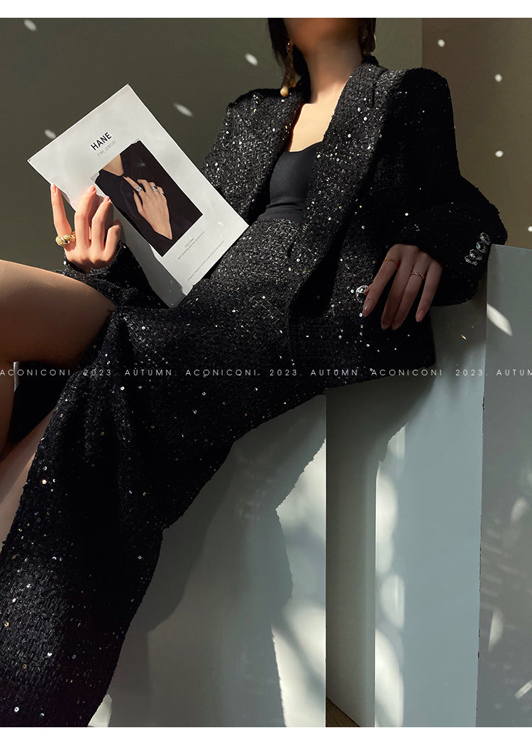 Aconiconi Tweed Sequins Fragrance Dress Skirt Loose Blazer Skirt