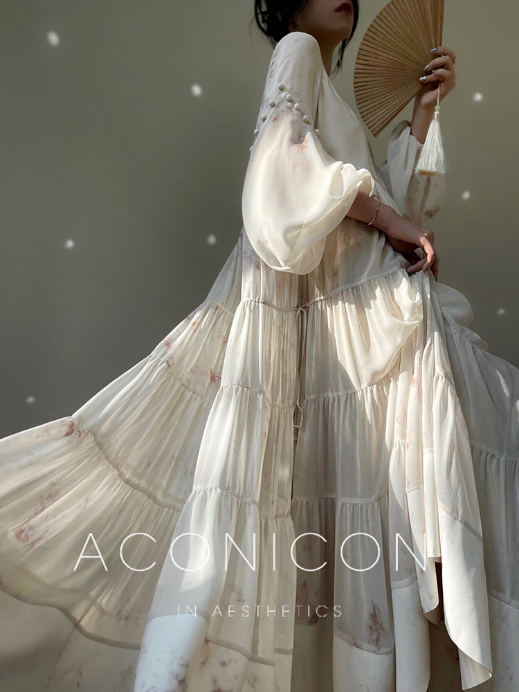 Aconiconi| French print fairy vacation loose chiffon long dress - Huanxi dream