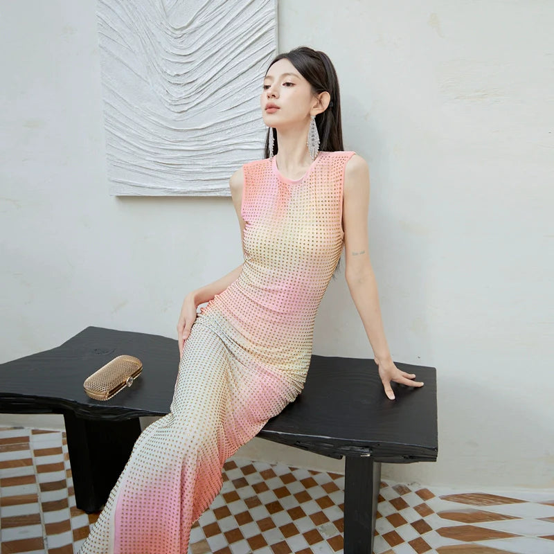 DOLLY High End Crew Neck Sleeveless Pink Gradient Dress-KILA